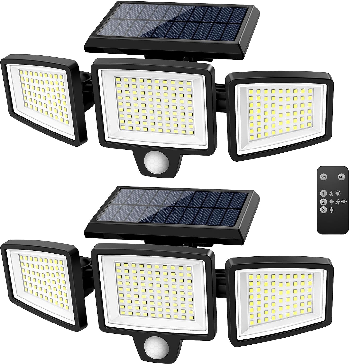 Tuffenough Solar Outdoor Lights 2500LM 210 LED Security Lights with Remote Control,3 Heads Motion Sensor Lights, IP65 Waterproof,270° Wide Angle Flood Wall Lights with 3 Modes(2 Packs)-0