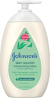 Johnson's Skin Nourish Moisturizing Baby Lotion with Aloe Vera Scent & Vitamin E, Gentle & Lightweight Body Lotion for The Whole Family, Hypoallergenic, Dye-Free, 16.9 fl. oz