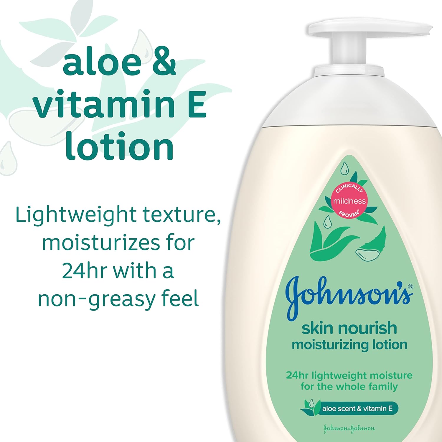 Johnson's Skin Nourish Moisturizing Baby Lotion with Aloe Vera Scent & Vitamin E, Gentle & Lightweight Body Lotion for The Whole Family, Hypoallergenic, Dye-Free, 16.9 fl. oz-2