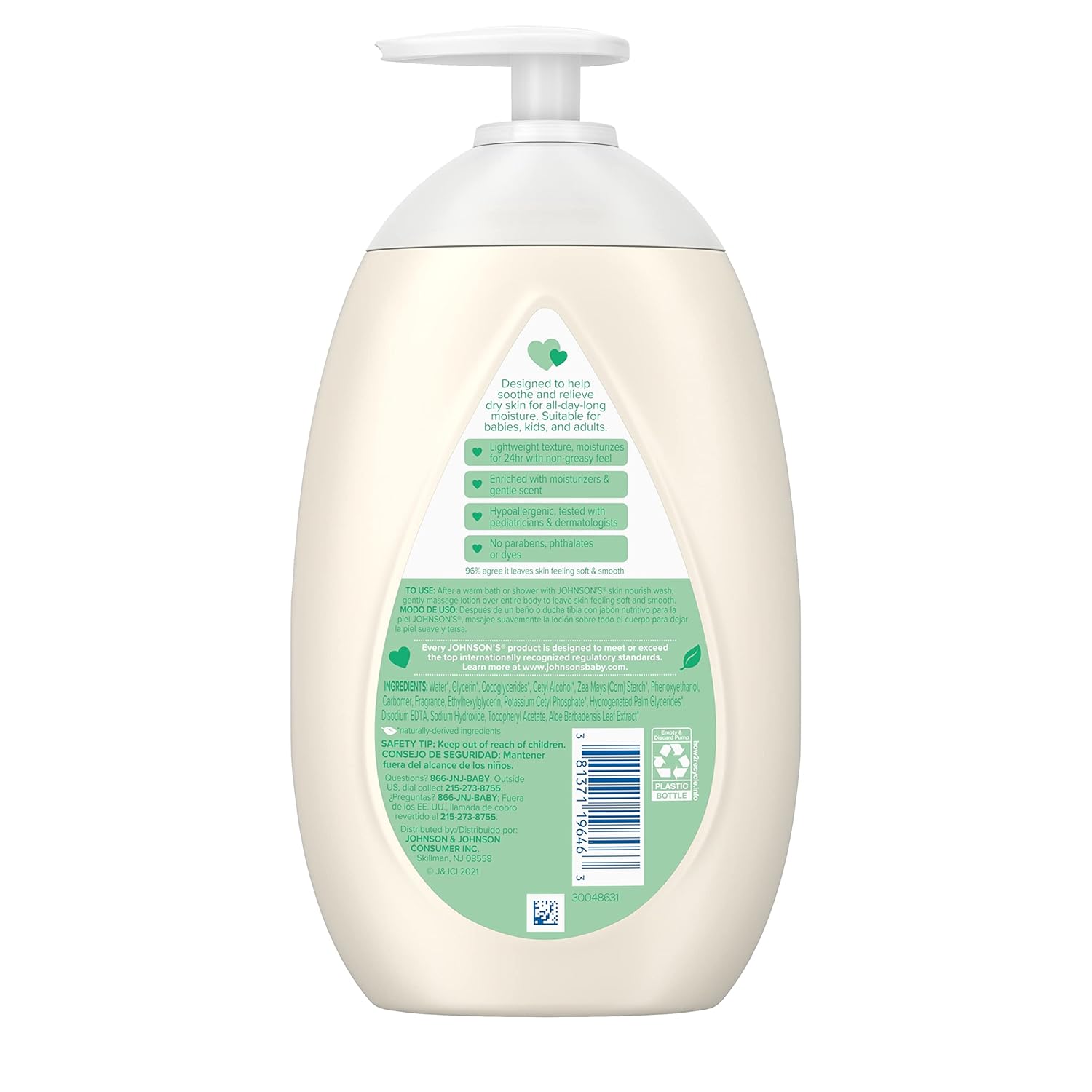 Johnson's Skin Nourish Moisturizing Baby Lotion with Aloe Vera Scent & Vitamin E, Gentle & Lightweight Body Lotion for The Whole Family, Hypoallergenic, Dye-Free, 16.9 fl. oz-9