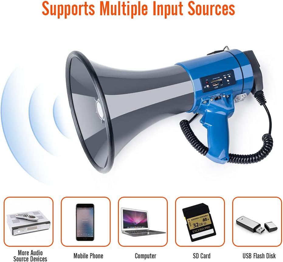 MyMealivos Megaphone with Siren Bullhorn 50 Watt Bullhorn Speaker with Detachable Microphone, Portable Lightweight Strap & 3.5mm Aux Input-2