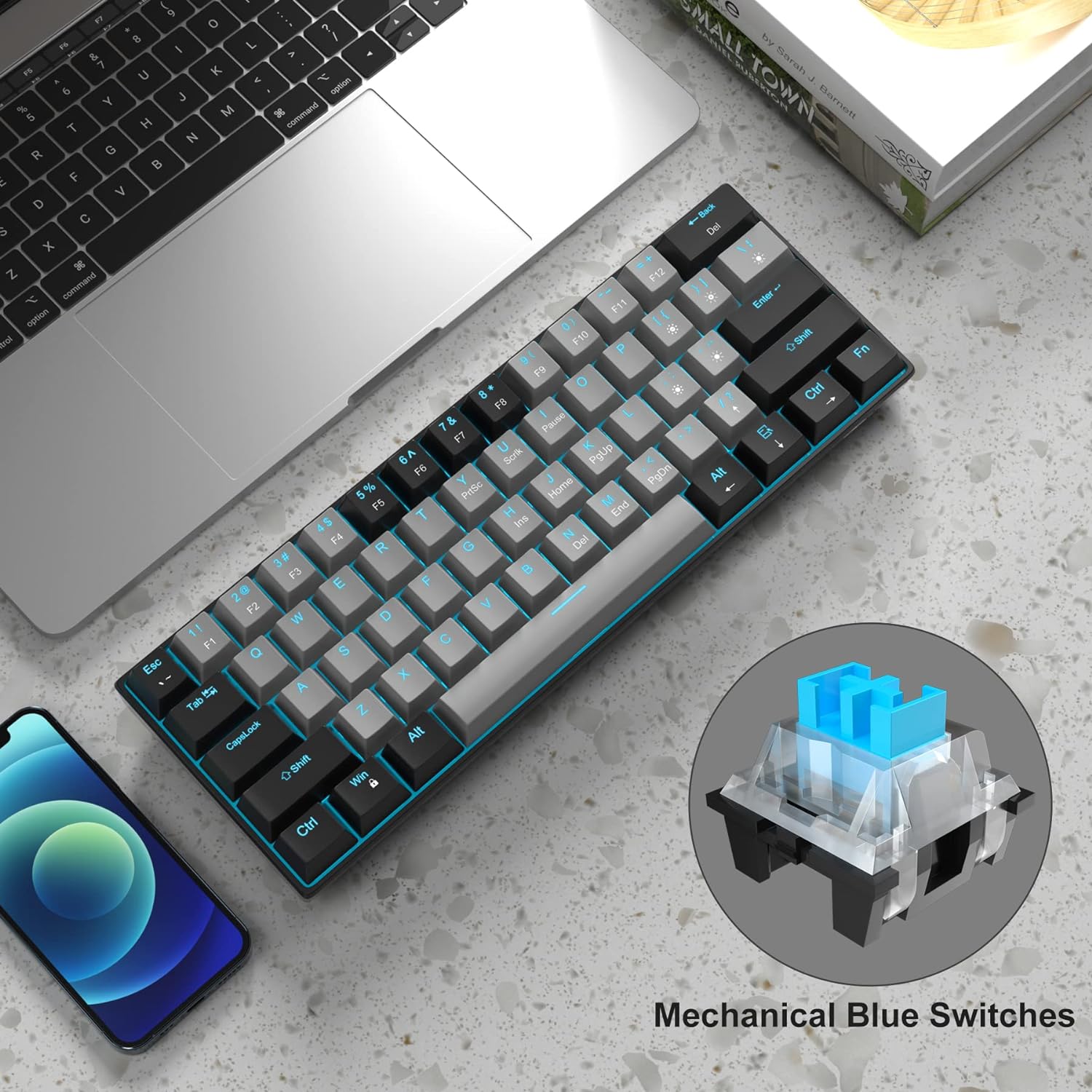 MageGee 60% Mechanical Keyboard, Gaming Keyboard with Blue Switches and Sea Blue Backlit Small Compact 60 Percent Keyboard Mechanical, Portable 60 Percent Gaming Keyboard Gamer(Black Grey)-1