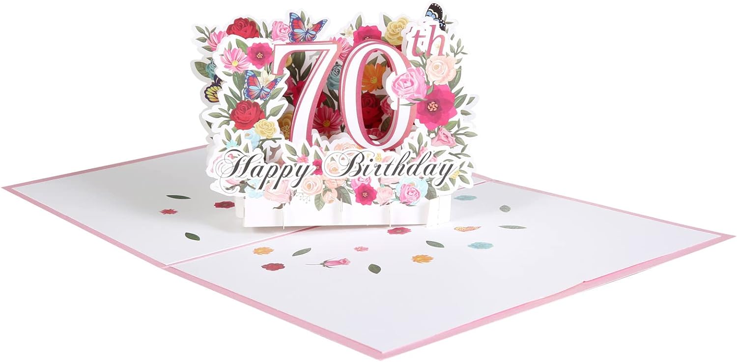 HOMANGA 70th Birthday Pop Up Card, Happy 70th Birthday Card for Her, Women, Wife, 70th Birthday Gift for Sister, Mom, Friend, Pop Up Birthday Greeting Card with Blank Note and Envelope, 6" x 8"-2