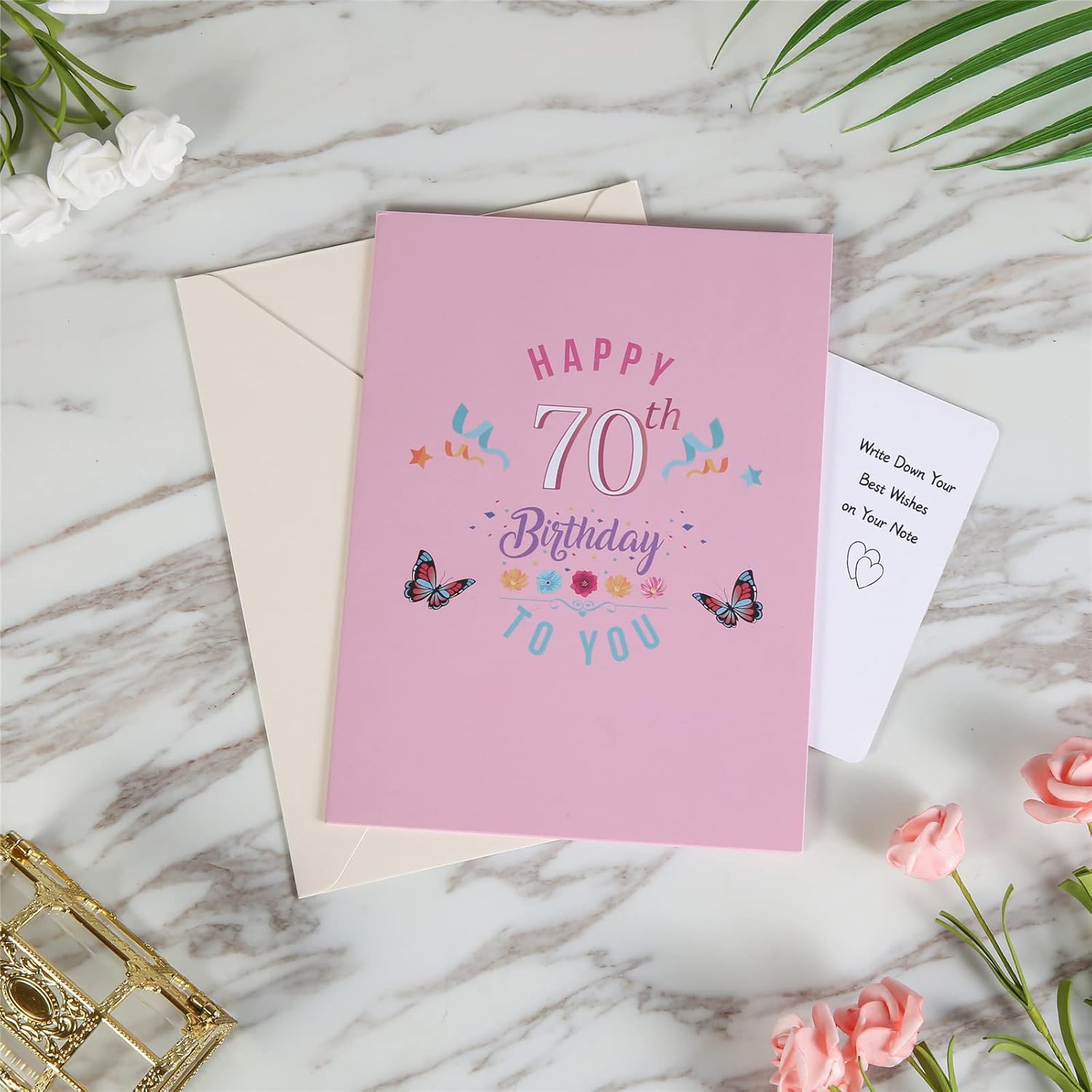 HOMANGA 70th Birthday Pop Up Card, Happy 70th Birthday Card for Her, Women, Wife, 70th Birthday Gift for Sister, Mom, Friend, Pop Up Birthday Greeting Card with Blank Note and Envelope, 6" x 8"-4