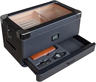 Case Elegance Black Edition 50 to 100 Cigar Cigar with Glass Top and Front Digital Hygrometer, Spanish Cedar, Cigar Solution, Hydro System and Foam Drawer for Accessories