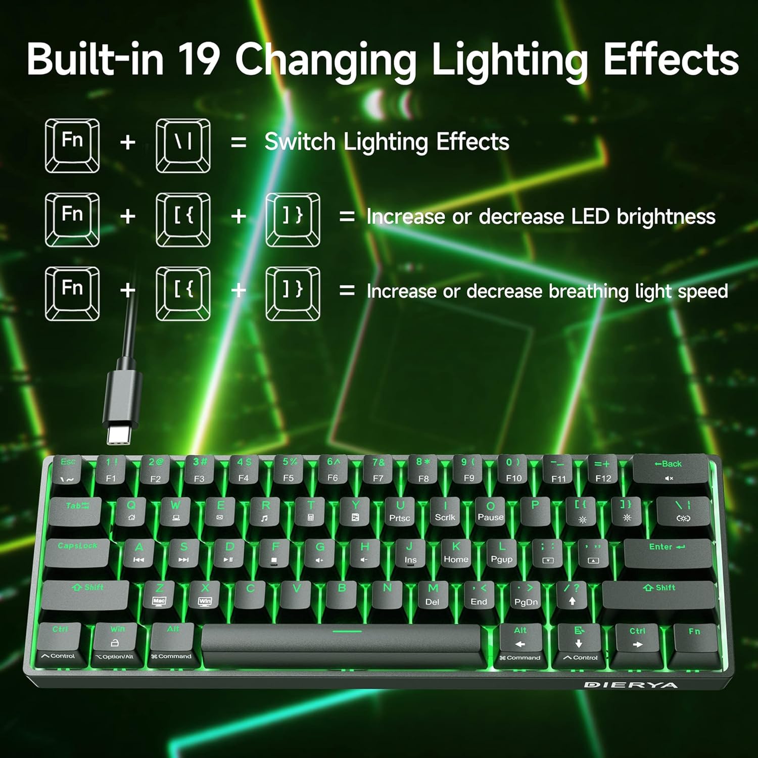 DIERYA DK61SE 60% Mechanical Gaming Keyboard, 61 Keys Anti-Ghosting, LED Backlight, Detachable USB-C, Ultra-Compact Mini Wired Keyboard with Quiet Red Linear Switch for Windows Laptop PC Gamer Typist-6