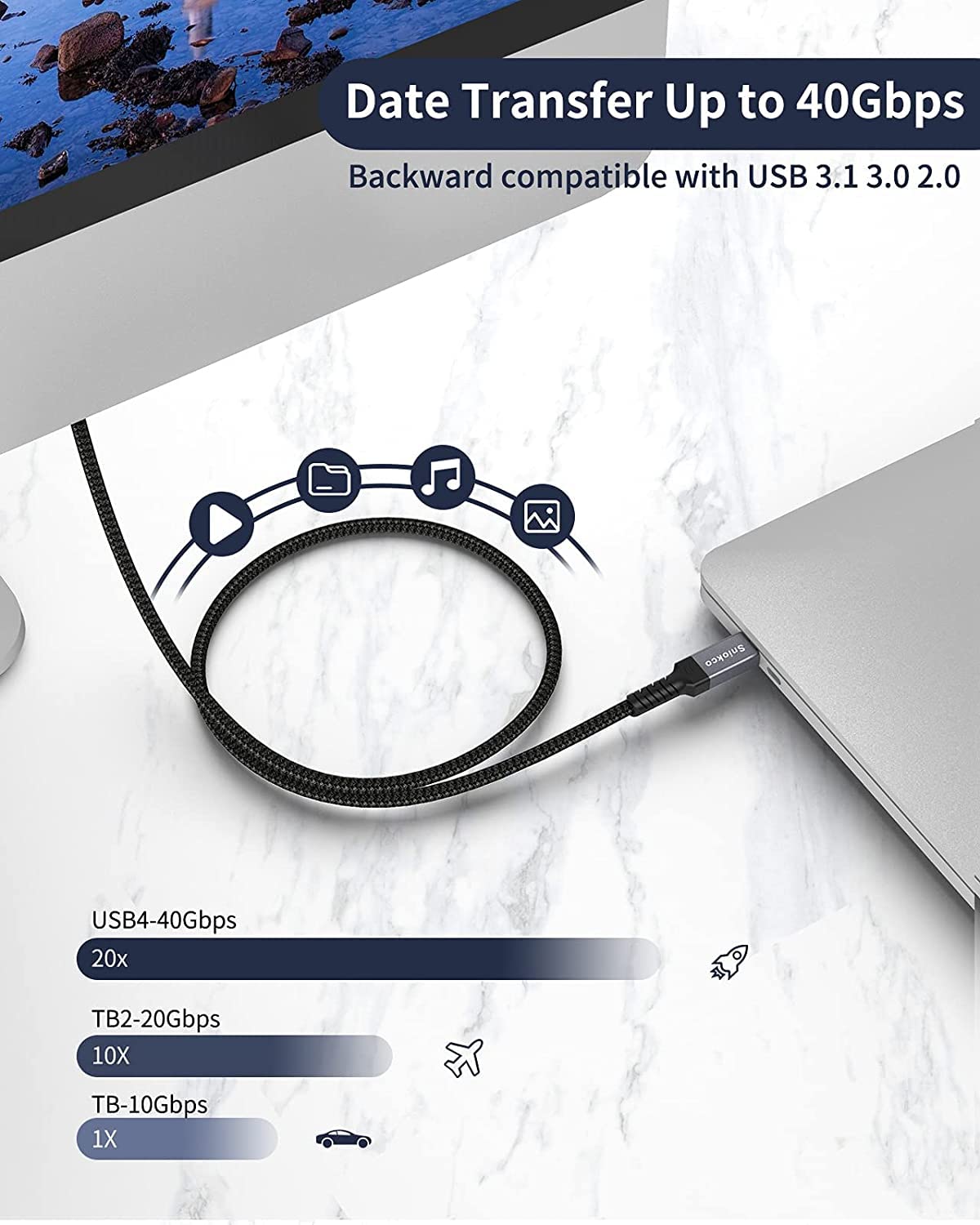 Sniokco USB4 Compatible with Thunderbolt 3 Cable (40Gbps/6.6ft), USB4 Cable for Thunderbolt 4 Cable, Support 5K@60Hz, 100W/20V/5A Charging, Compatible with External SSD, eGpu, USB-C Docking Station-1