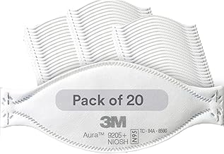 3M Aura Particulate Respirator 9205+, N95, Pack of 20 Disposable Respirators, Individually Wrapped, 3 Panel Flat Fold Design Allows for Facial Movements, Comfortable, NIOSH Approved, Smoke