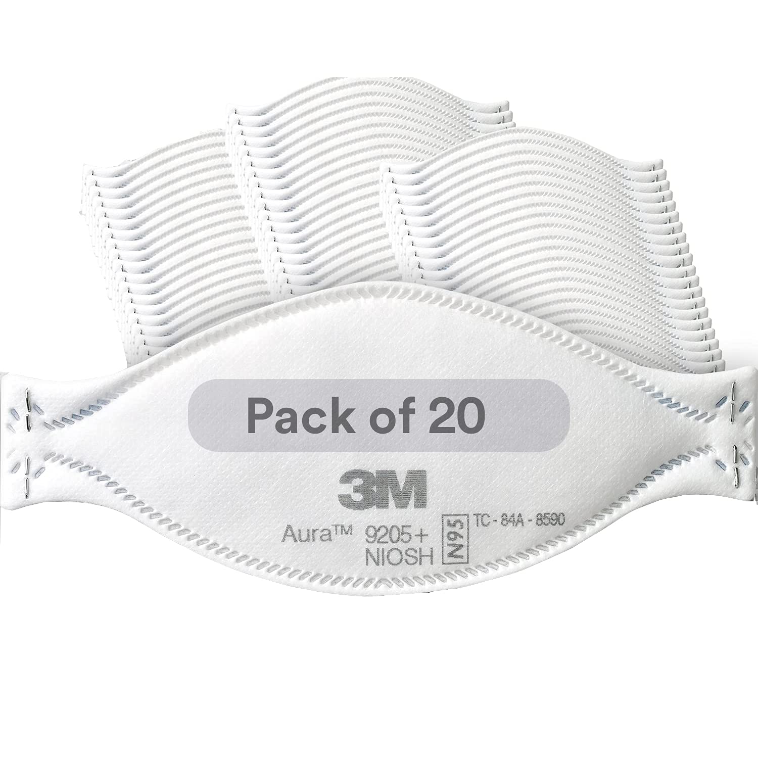 3M Aura Particulate Respirator 9205+, N95, Pack of 20 Disposable Respirators, Individually Wrapped, 3 Panel Flat Fold Design Allows for Facial Movements, Comfortable, NIOSH Approved, Smoke-0