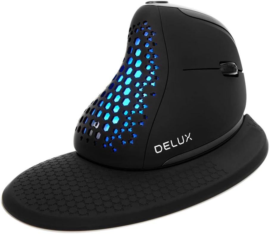 DeLUX Seeker Wireless Ergonomic Vertical Mouse with OLED Screen, BT and USB Receiver, Connect with Up to 4 Devices, Thumb Wheel, 4000DPI, Programmable Rechargeable Silent Mouse(M618XSD-Black)-0