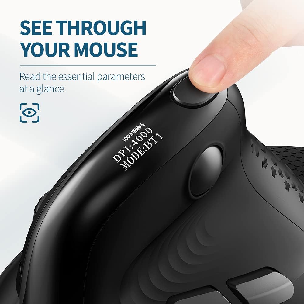 DeLUX Seeker Wireless Ergonomic Vertical Mouse with OLED Screen, BT and USB Receiver, Connect with Up to 4 Devices, Thumb Wheel, 4000DPI, Programmable Rechargeable Silent Mouse(M618XSD-Black)-1