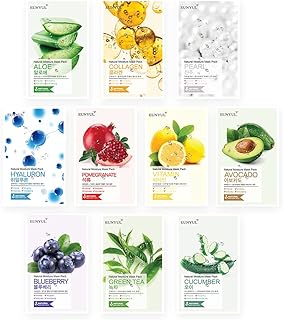 EUNYUL [PACK OF 10] Natural Sheet Mask Pack 10 types Korean Skincare Facial Mask Pack/Aloe, Collagen, Pearl, Hyaluron, Avocado, Pomegranate, Vitamin, Blueberry, Green Tea, Cucumber