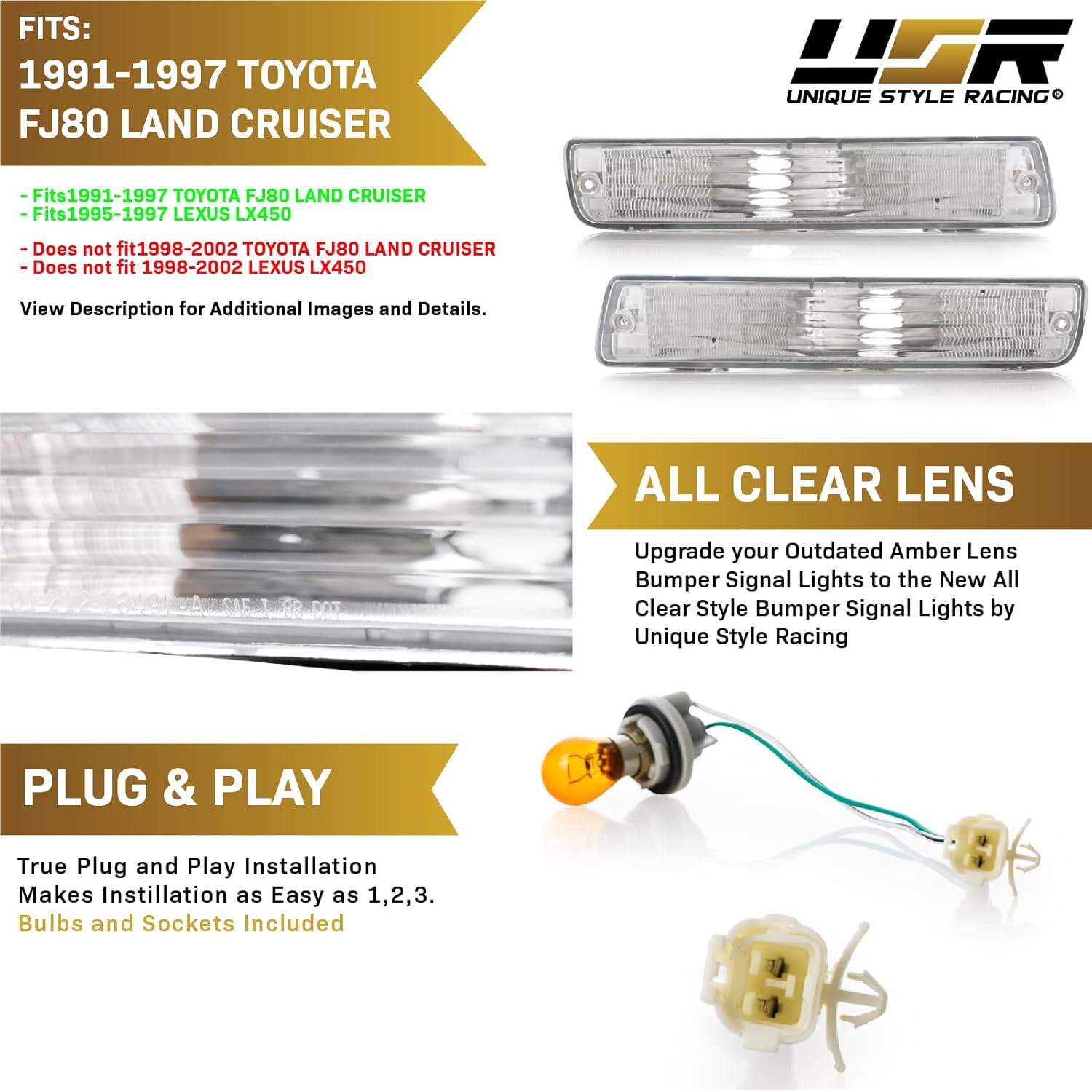 USR DEPO FJ80 Turn Signal Lights - Front Bumper Signal Lamps Set (Left + Right) Compatible with 1991-1997 Toyota Land Cruiser 80 FJ82 (Clear Lens with Amber Bulbs and Sockets)-2