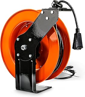 SuperHandy Extension Cord Reel Retractable 12AWG x 80' Foot 3C SJTOW Cable Triple Tap Connector Power Rating 125 Volt AC 15 Amp 1875 Watt Industrial Steel Single Arm