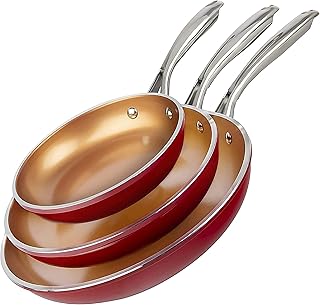 GOTHAM STEEL Frying Pan Set, 3 Piece Nonstick Copper Fry Pans Set, 8”, 10” & 12” Nonstick Frying Pans, Nonstick Skillet Set, Omelet Pan, Cookware, PFOA Free, Dishwasher Safe, Cool Touch Handle - RED