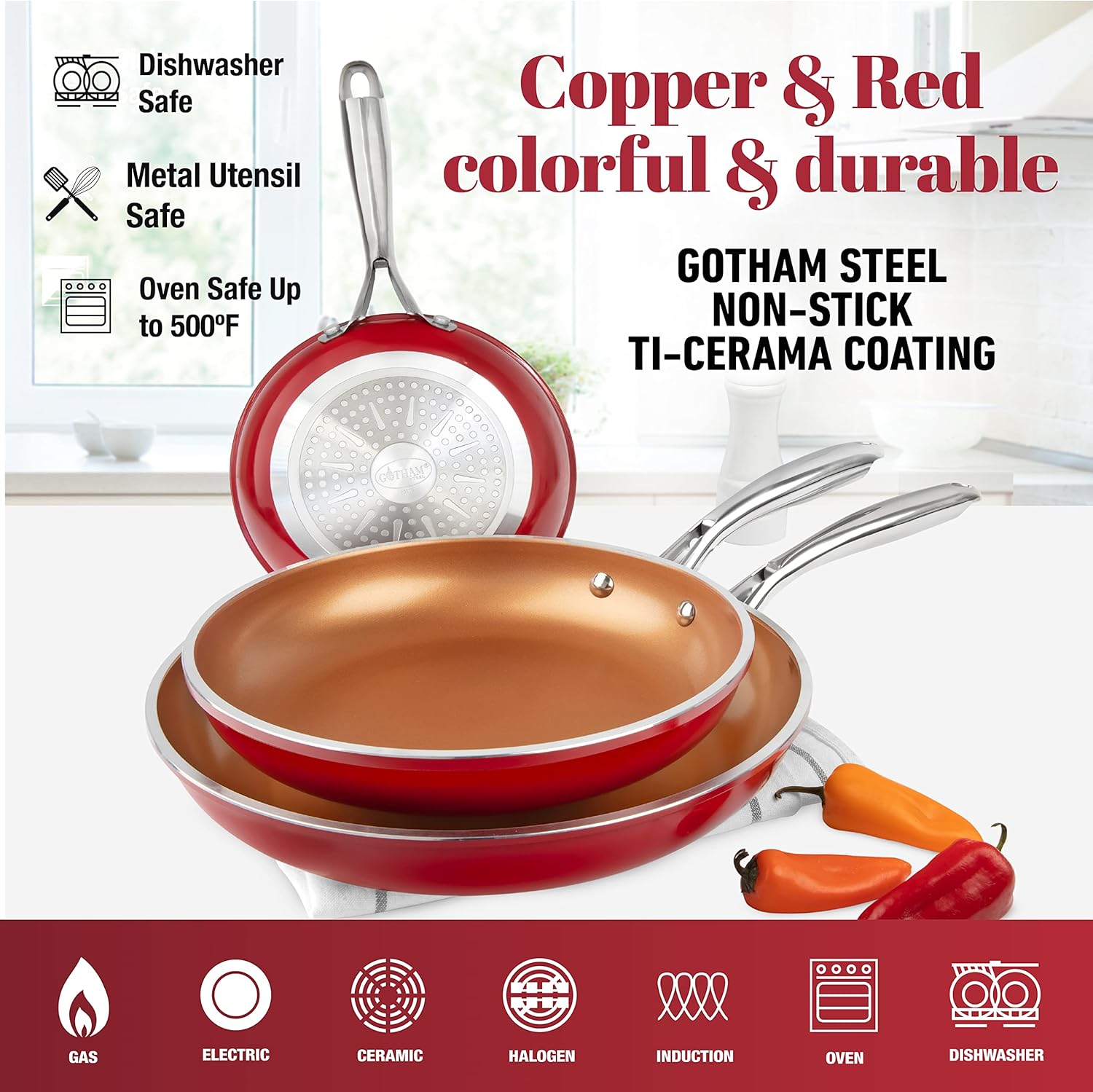 GOTHAM STEEL Frying Pan Set, 3 Piece Nonstick Copper Fry Pans Set, 8”, 10” & 12” Nonstick Frying Pans, Nonstick Skillet Set, Omelet Pan, Cookware, PFOA Free, Dishwasher Safe, Cool Touch Handle - RED-2