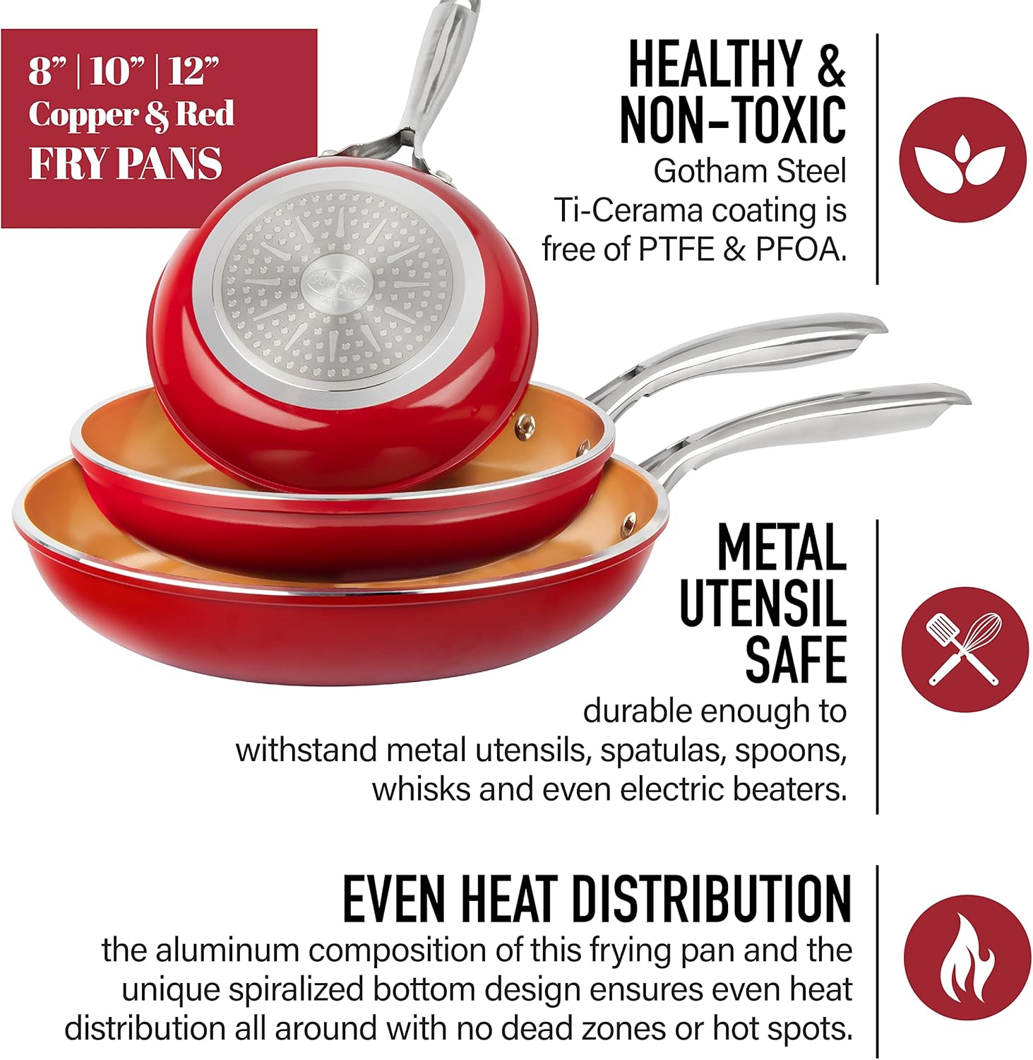 GOTHAM STEEL Frying Pan Set, 3 Piece Nonstick Copper Fry Pans Set, 8”, 10” & 12” Nonstick Frying Pans, Nonstick Skillet Set, Omelet Pan, Cookware, PFOA Free, Dishwasher Safe, Cool Touch Handle - RED-3