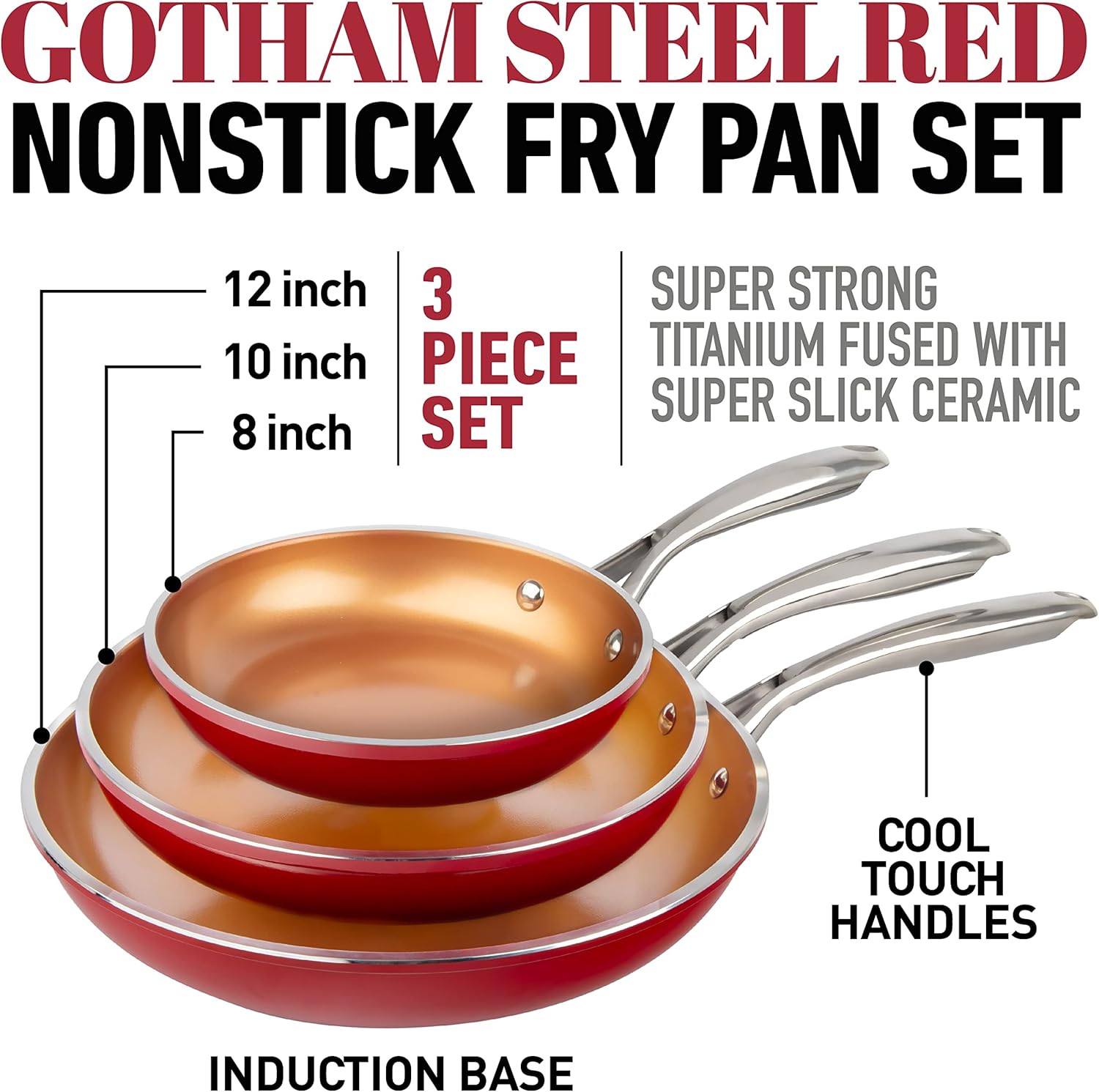 GOTHAM STEEL Frying Pan Set, 3 Piece Nonstick Copper Fry Pans Set, 8”, 10” & 12” Nonstick Frying Pans, Nonstick Skillet Set, Omelet Pan, Cookware, PFOA Free, Dishwasher Safe, Cool Touch Handle - RED-4