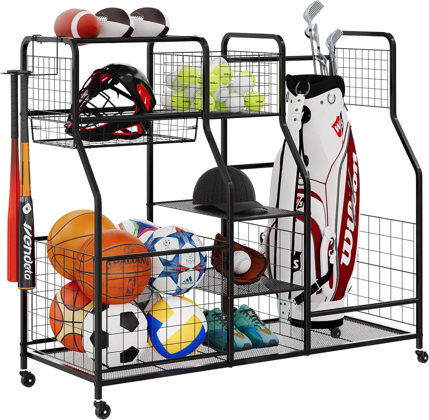 Golf Bag Storage Rack - Fits 2 Golf Bags, Garage Sports Equipment Organizer with Baskets, Garage Organizers and Storage with Hooks, Movable Ball Storage Cart with Wheel for Garage, Gym, Shed, Outdoor-0