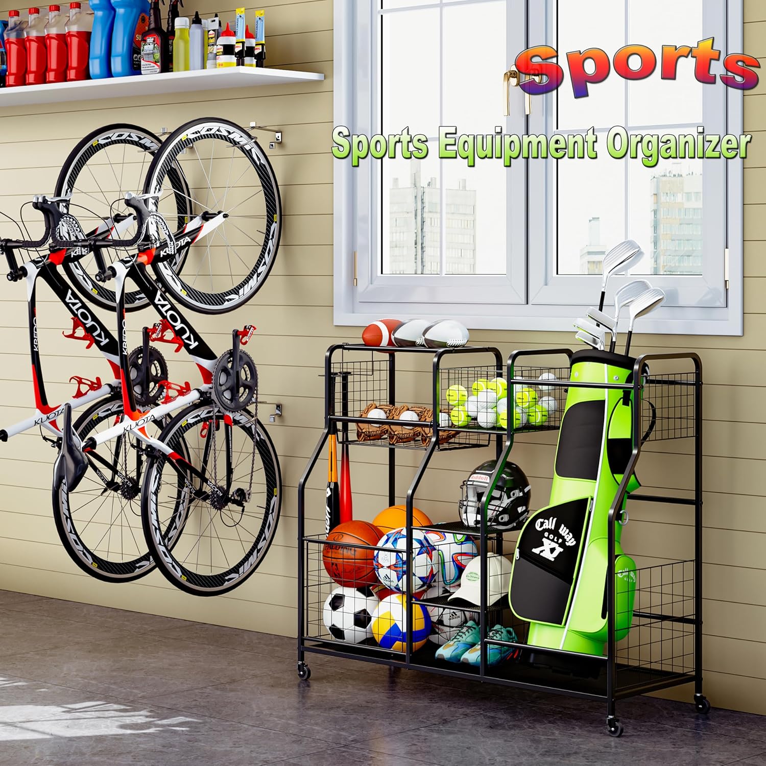 Golf Bag Storage Rack - Fits 2 Golf Bags, Garage Sports Equipment Organizer with Baskets, Garage Organizers and Storage with Hooks, Movable Ball Storage Cart with Wheel for Garage, Gym, Shed, Outdoor-1