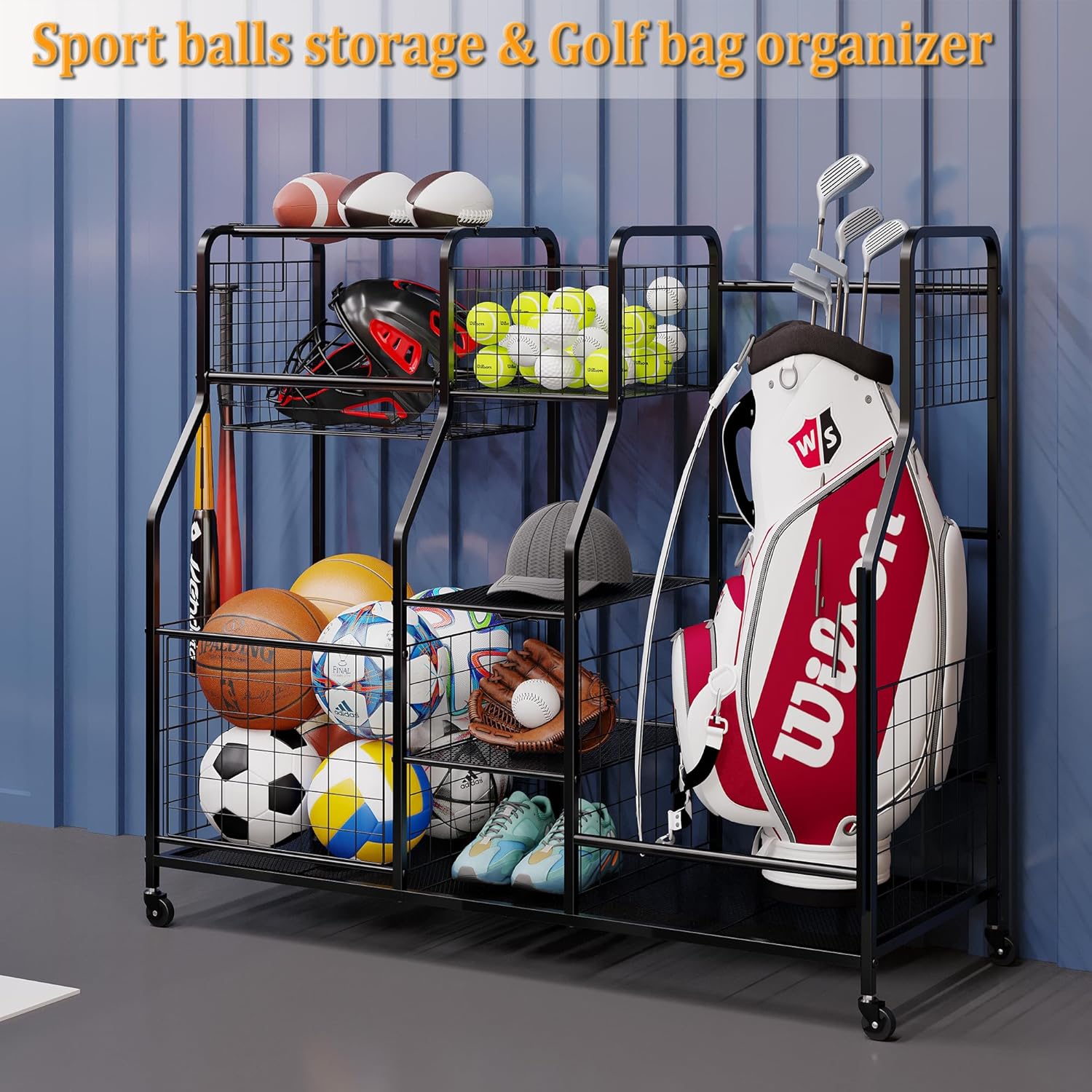 Golf Bag Storage Rack - Fits 2 Golf Bags, Garage Sports Equipment Organizer with Baskets, Garage Organizers and Storage with Hooks, Movable Ball Storage Cart with Wheel for Garage, Gym, Shed, Outdoor-2