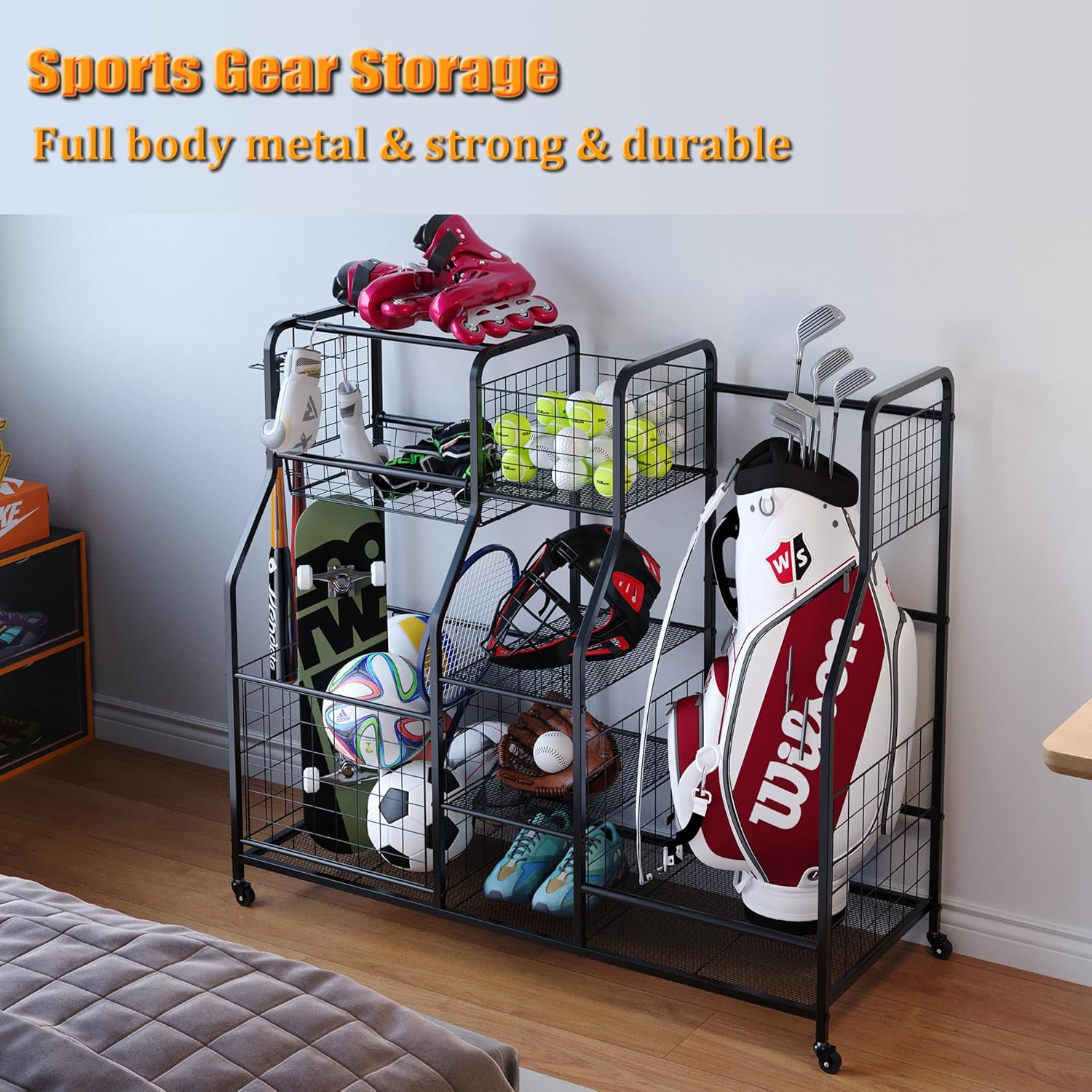 Golf Bag Storage Rack - Fits 2 Golf Bags, Garage Sports Equipment Organizer with Baskets, Garage Organizers and Storage with Hooks, Movable Ball Storage Cart with Wheel for Garage, Gym, Shed, Outdoor-3