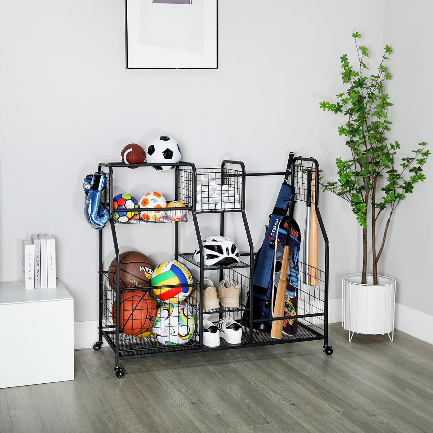 Golf Bag Storage Rack - Fits 2 Golf Bags, Garage Sports Equipment Organizer with Baskets, Garage Organizers and Storage with Hooks, Movable Ball Storage Cart with Wheel for Garage, Gym, Shed, Outdoor-7