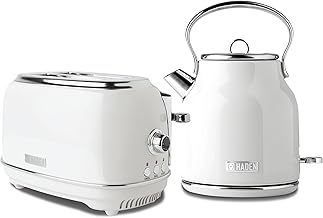 Haden Heritage 1.7 Liter Stainless Steel Body Retro Electric Tea Kettle with 2 Slice Wide Slot Stainless Steel Bread Toaster, White