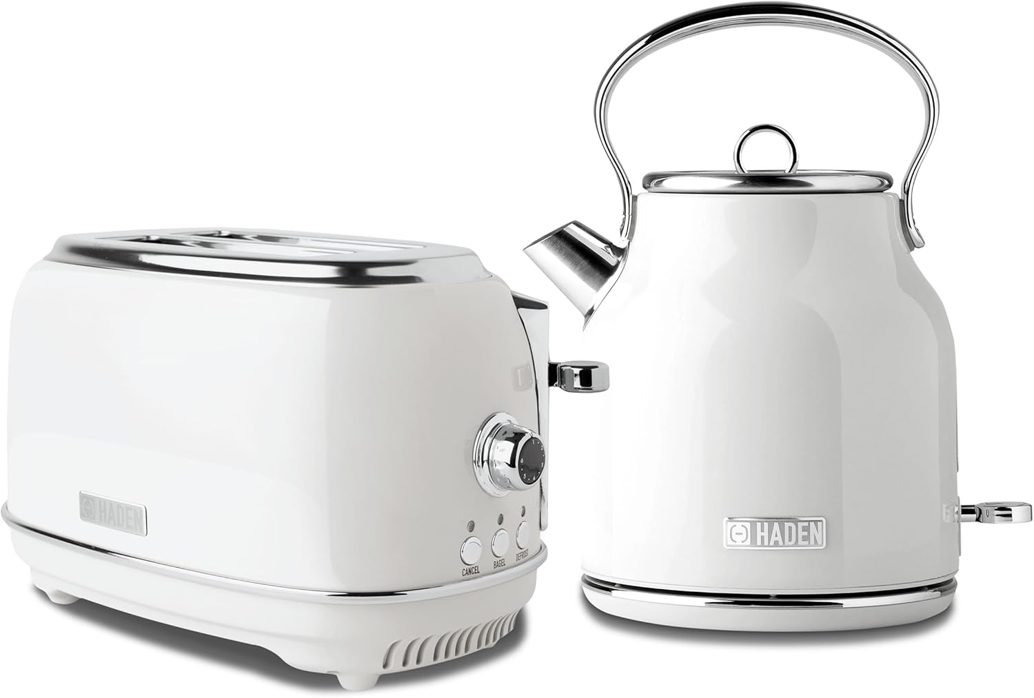 Haden Heritage 1.7 Liter Stainless Steel Body Retro Electric Tea Kettle with 2 Slice Wide Slot Stainless Steel Bread Toaster, White-0