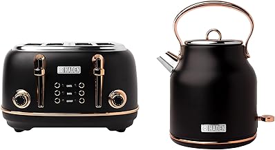 Haden Heritage Series Stainless Steel Electric Water and Tea Kettle & 4 Slice Wide Slot Stainless Steel Toaster Kitchen Bundle Set, Black and Copper