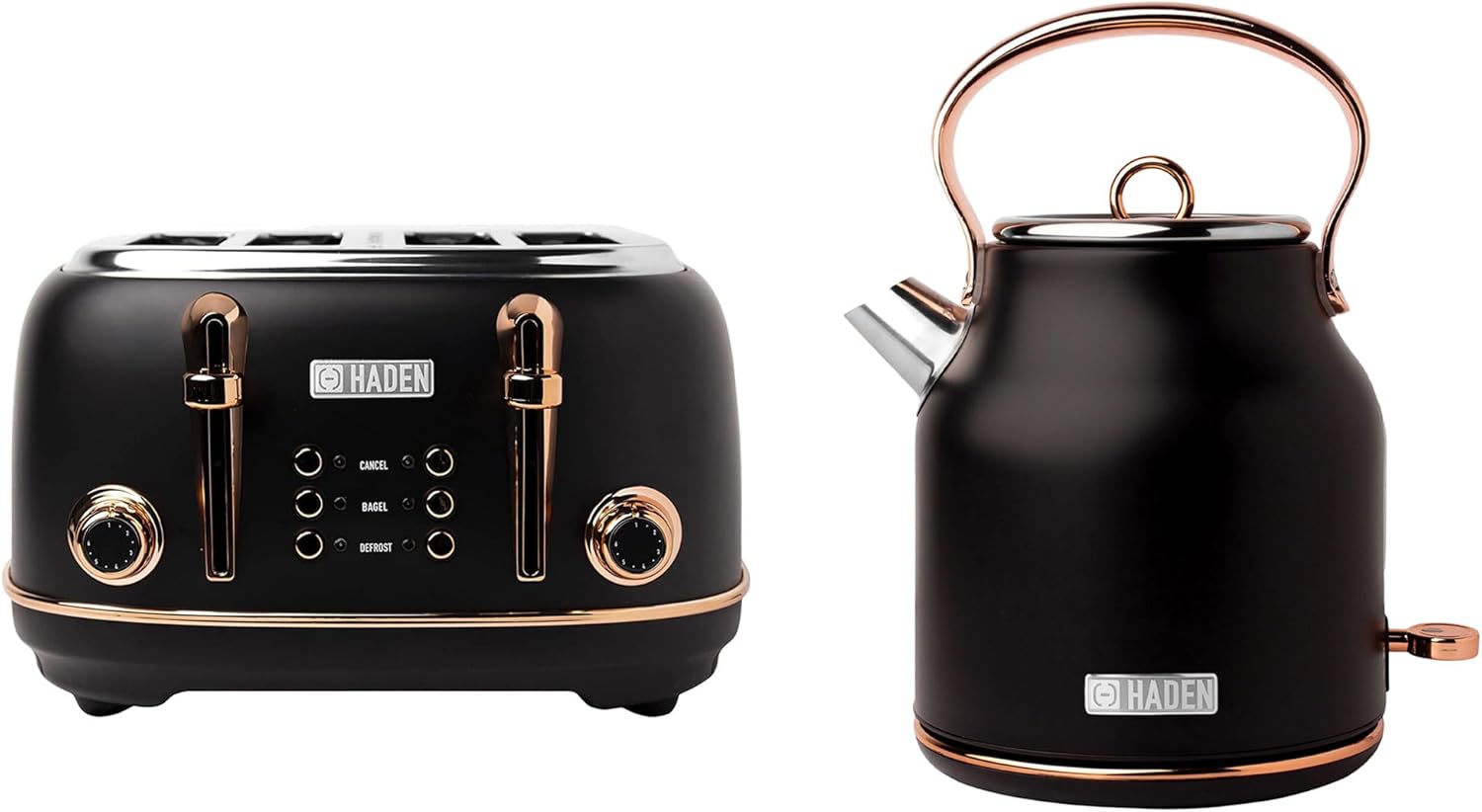 Haden Heritage Series Stainless Steel Electric Water and Tea Kettle & 4 Slice Wide Slot Stainless Steel Toaster Kitchen Bundle Set, Black and Copper-0