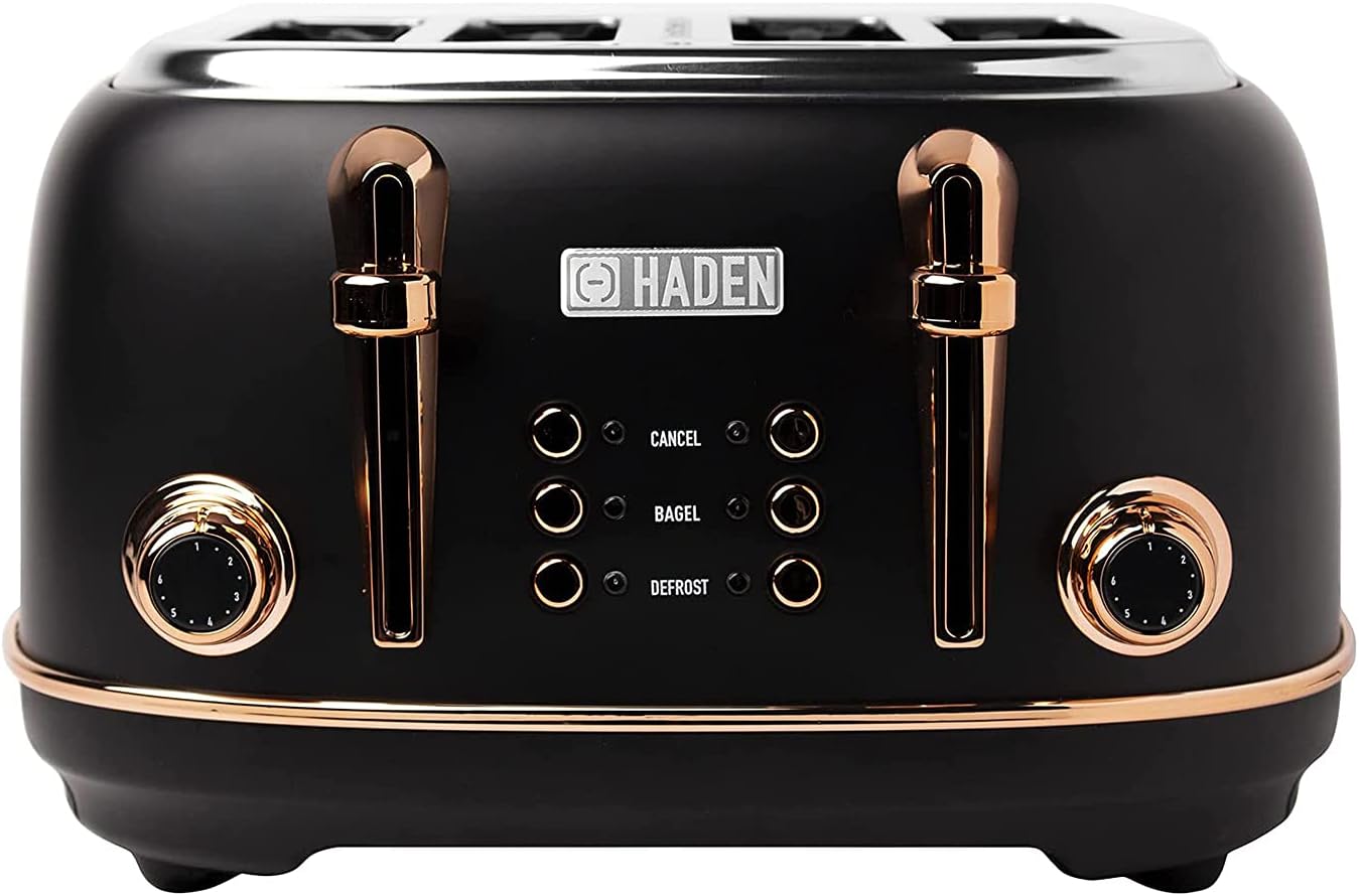 Haden Heritage Series Stainless Steel Electric Water and Tea Kettle & 4 Slice Wide Slot Stainless Steel Toaster Kitchen Bundle Set, Black and Copper-1