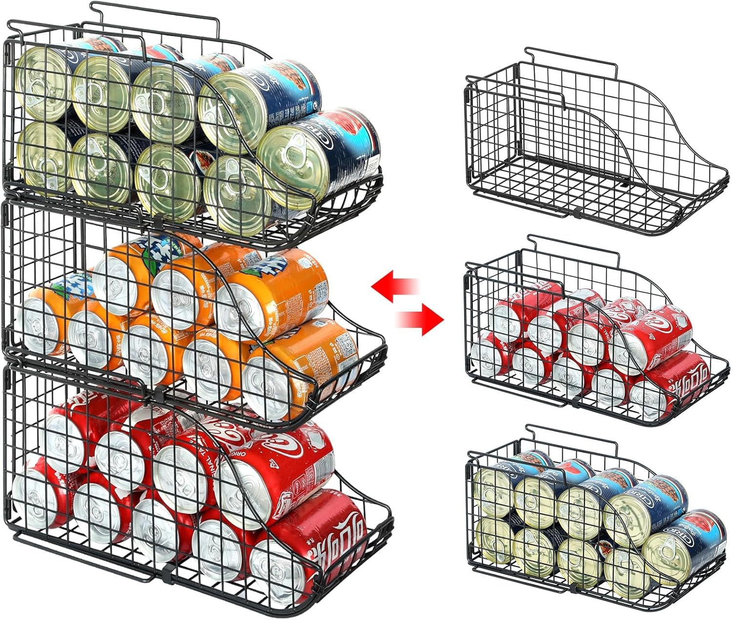 Standing Can Dispenser Bin 3-Pack, Stackable Beverage Drink Pop Soda Can Storage Organizer Basket with Handles, Foldable Canned Food Holder for Kitchen Pantry Countertop Cabinet Patent Pending-0