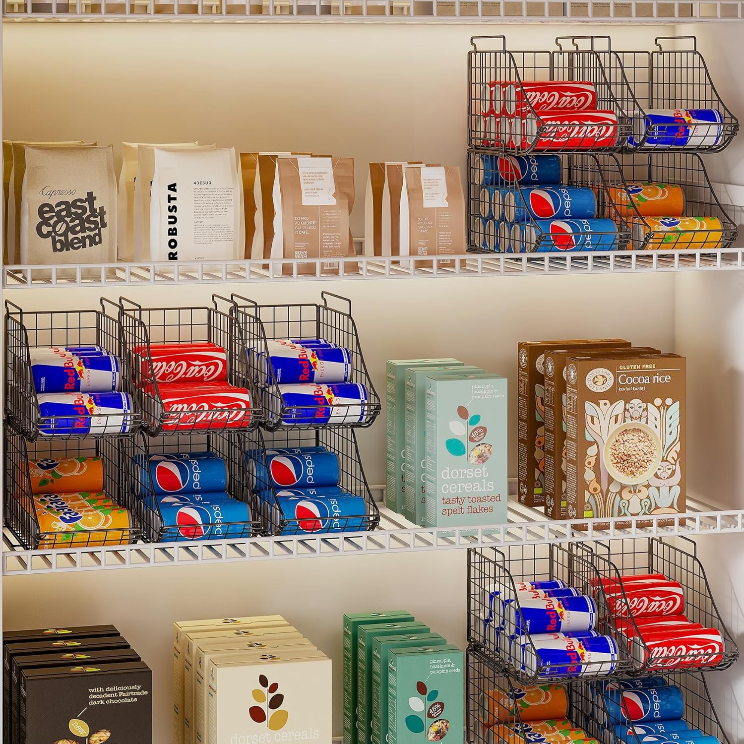 Standing Can Dispenser Bin 3-Pack, Stackable Beverage Drink Pop Soda Can Storage Organizer Basket with Handles, Foldable Canned Food Holder for Kitchen Pantry Countertop Cabinet Patent Pending-1