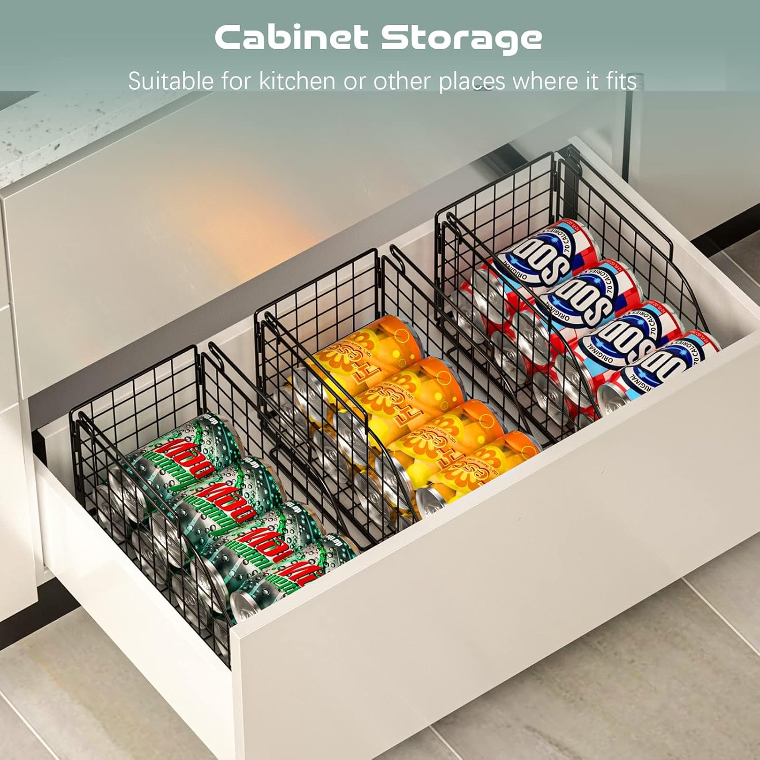 Standing Can Dispenser Bin 3-Pack, Stackable Beverage Drink Pop Soda Can Storage Organizer Basket with Handles, Foldable Canned Food Holder for Kitchen Pantry Countertop Cabinet Patent Pending-6