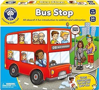 Orchard Toys Moose Games Bus Stop Game. A Fun Introduction to Addition and Subtraction. Pick up and Drop Off Passengers on Your Bus. for Ages 4-8 and for 2-4 Players