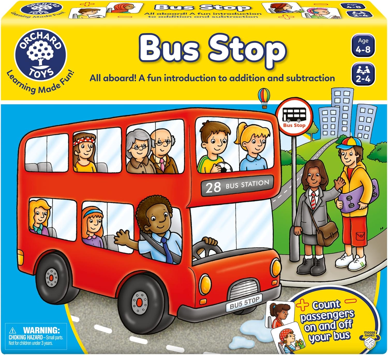 Orchard Toys Moose Games Bus Stop Game. A Fun Introduction to Addition and Subtraction. Pick up and Drop Off Passengers on Your Bus. for Ages 4-8 and for 2-4 Players-0