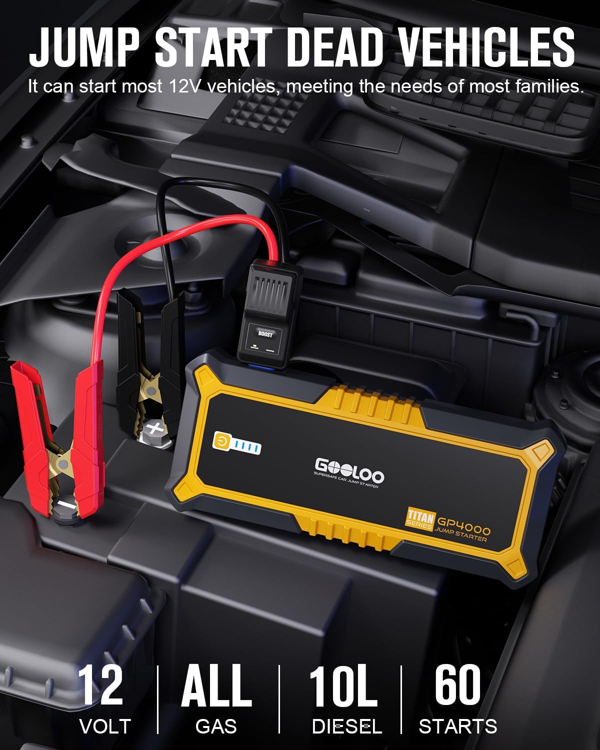 GOOLOO GP4000 Jump Starter 4000A Peak Car Starter (All Gas,up to 10.0L Diesel Engine) SuperSafe 12V Lithium Jump Box,Auto Battery Booster Pack,Portable Power Bank with USB Quick Charge and Type C Port-1