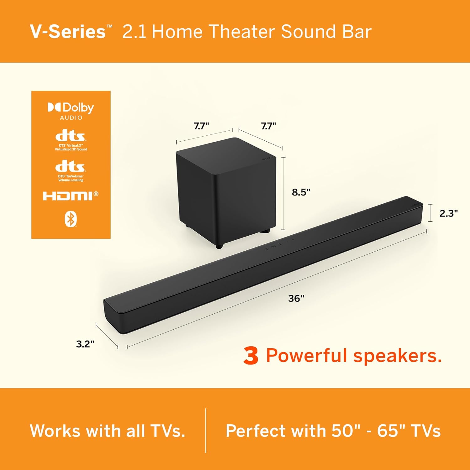 VIZIO V-Series 2.1 Home Theater Sound Bar with Dolby Audio, DTS Virtual:X, Bluetooth, Wireless Subwoofer, Voice Assistant Compatible, Includes Remote Control - V21x-J8-14