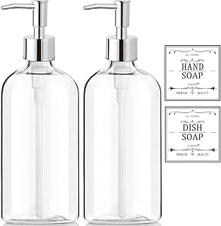 Clear Soap Dispenser with Rust Proof Pump, Waterproof Labels (2 Pack,16 Oz), Soap Dispenser Bathroom, Plastic Hand Soap Dispenser, Dish Soap Dispenser for Kitchen