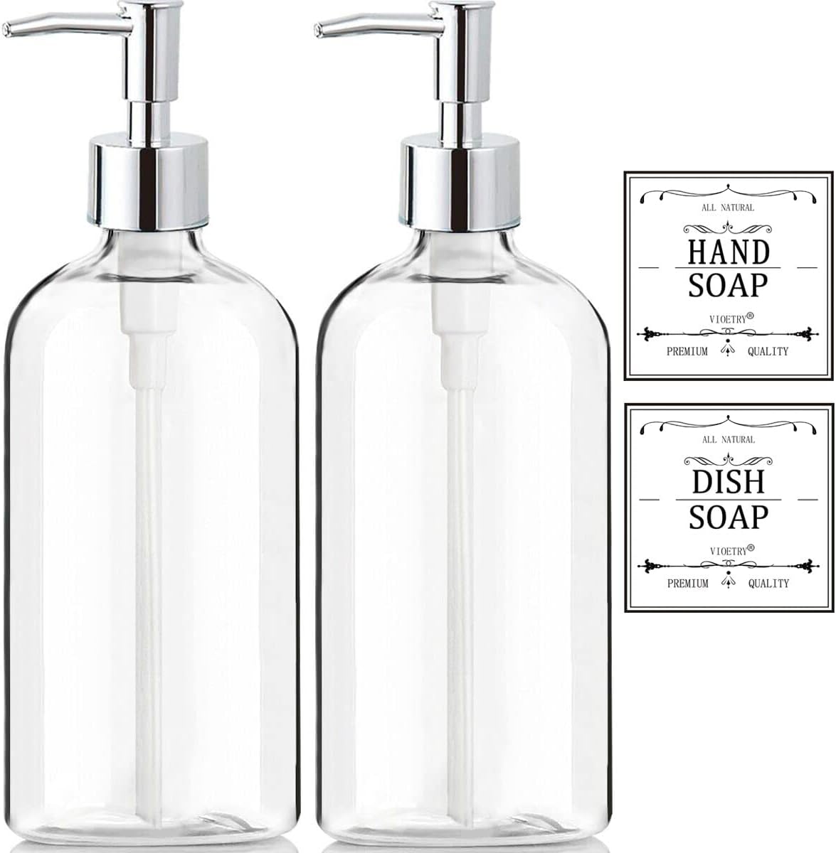 Clear Soap Dispenser with Rust Proof Pump, Waterproof Labels (2 Pack,16 Oz), Soap Dispenser Bathroom, Plastic Hand Soap Dispenser, Dish Soap Dispenser for Kitchen-0