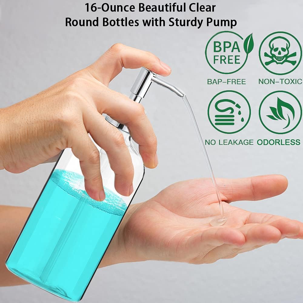 Clear Soap Dispenser with Rust Proof Pump, Waterproof Labels (2 Pack,16 Oz), Soap Dispenser Bathroom, Plastic Hand Soap Dispenser, Dish Soap Dispenser for Kitchen-3