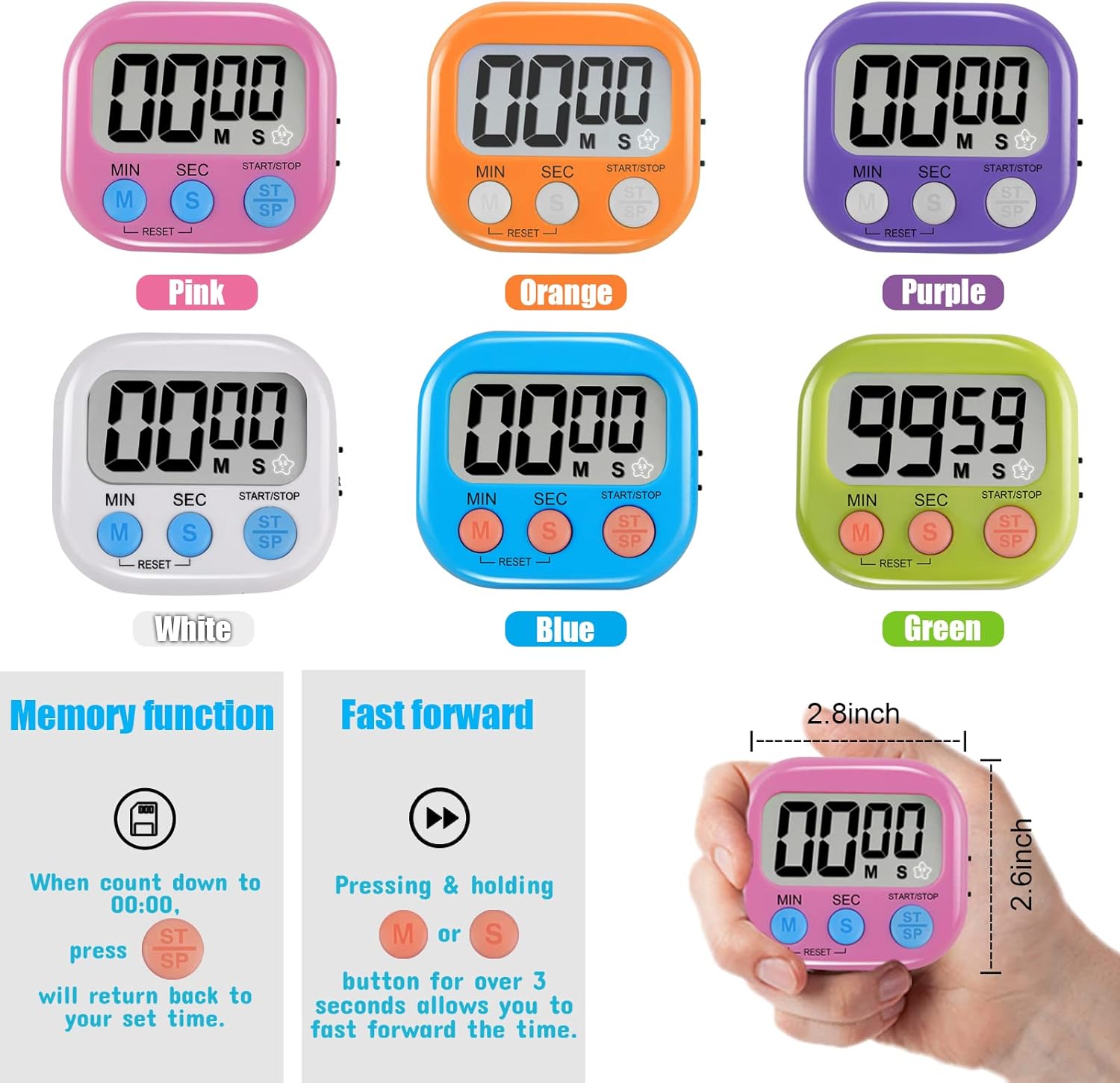 6 Pack Multi-Function Electronic Timer - Magnetic Digital Timers Big LCD Display The Loud/Silent Switch Countdown Timer Extensively Use in Break Time, Cooking,Gym, Meeting, Classroom-6