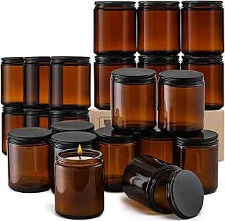 24 Pack 8oz Amber Glass Jars with Black Lids - For Candle Making, Food Storage, Canning, Spices, Liquids - Leakproof & Dishwasher Safe