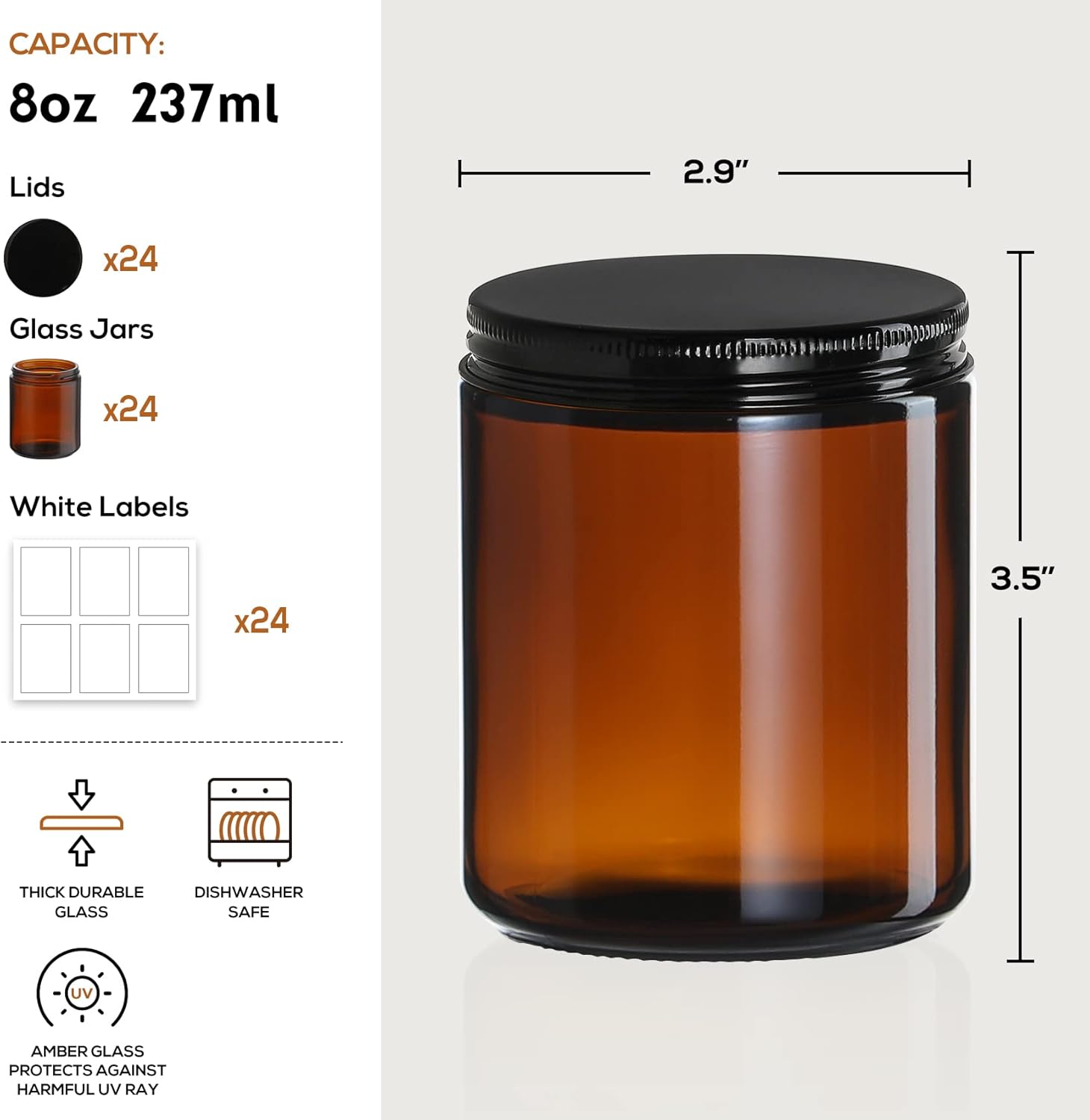 24 Pack 8oz Amber Glass Jars with Black Lids - For Candle Making, Food Storage, Canning, Spices, Liquids - Leakproof & Dishwasher Safe-1