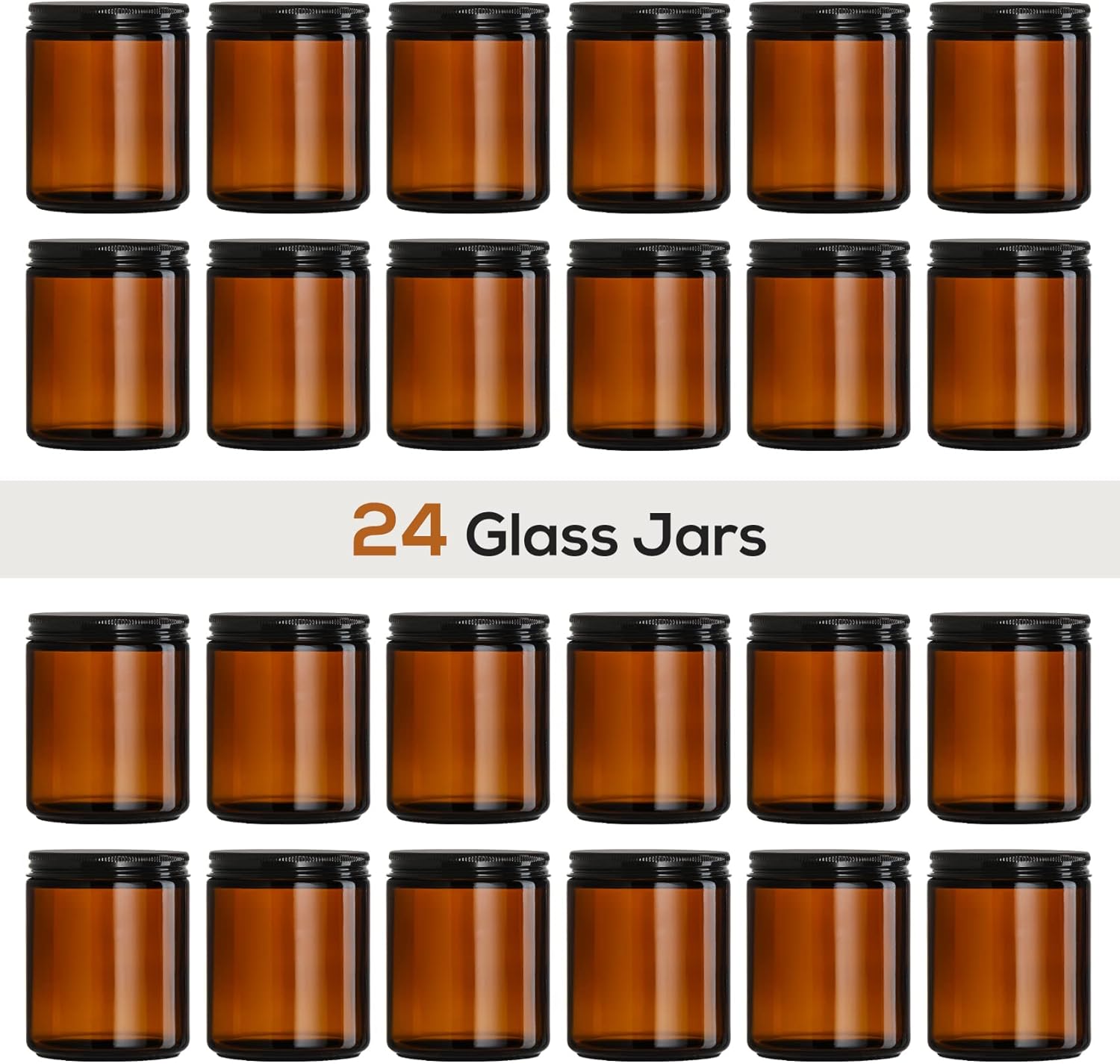 24 Pack 8oz Amber Glass Jars with Black Lids - For Candle Making, Food Storage, Canning, Spices, Liquids - Leakproof & Dishwasher Safe-2