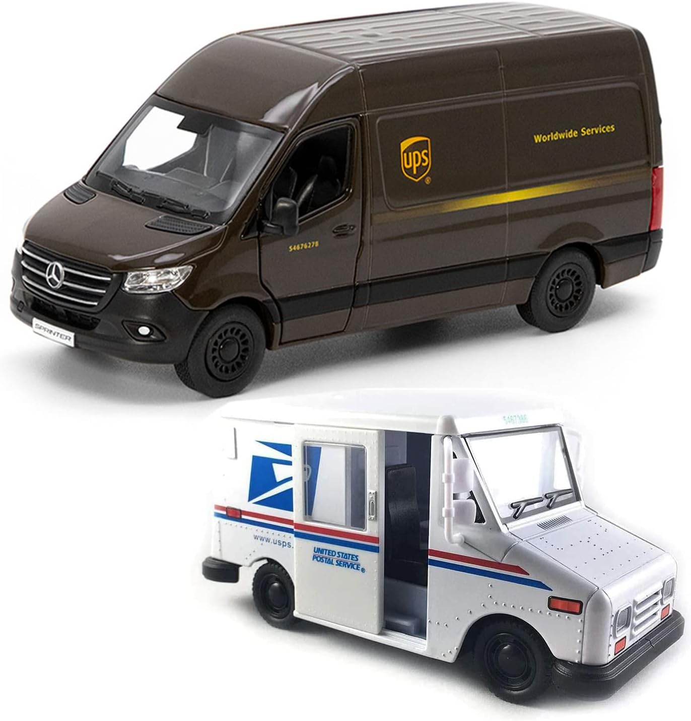 UPS Mercedes-Benz Sprinter + United States Postal Mail Truck Grumman LLV 5 Inch Die Cast Metal Model Toys SetOf2-0