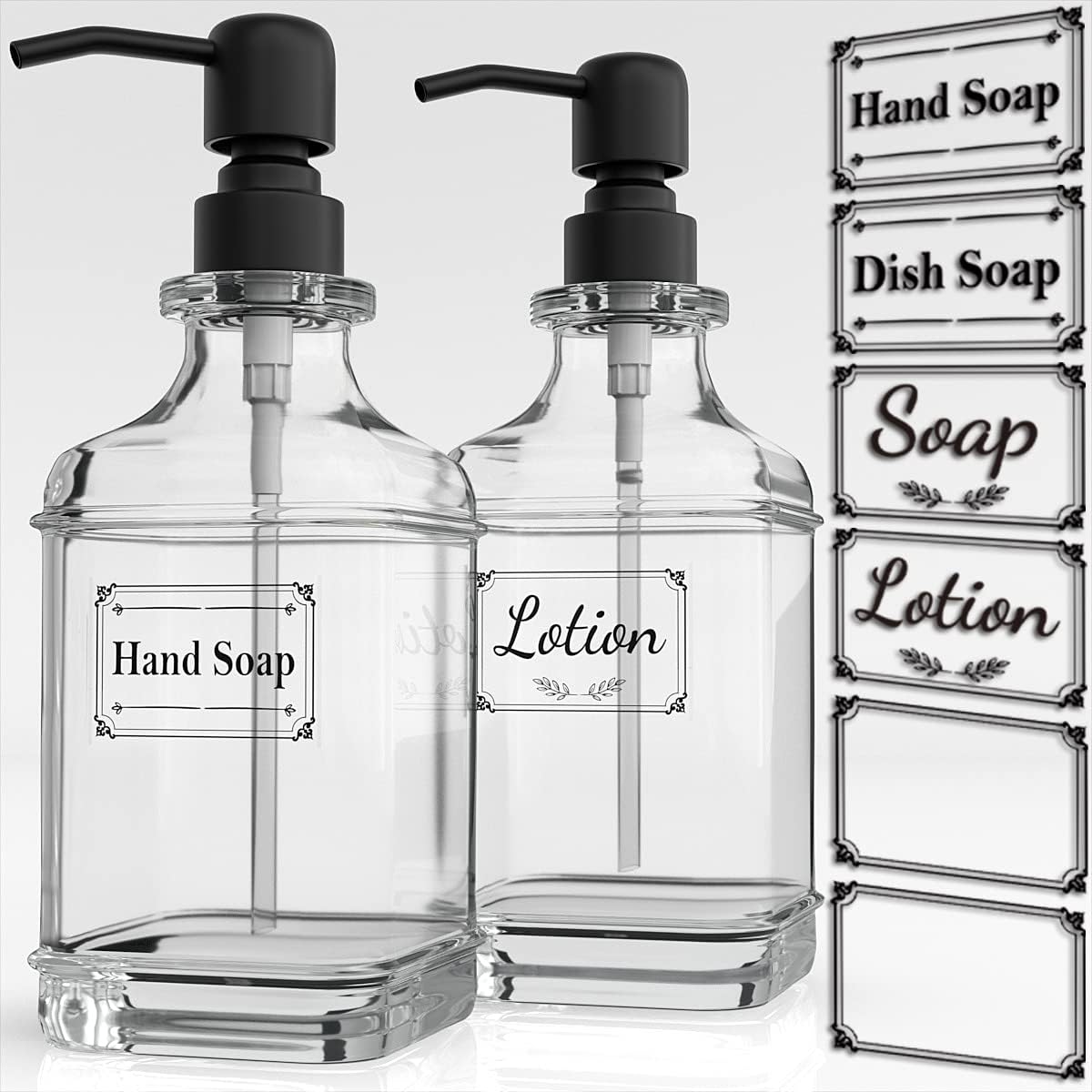 GLADPURE 2 Pack Soap Dispenser, 18 Oz Antique Design Thick Glass Hand Dispensers; with 304 Rust Proof Stainless Steel Pump, 6Pcs Clear Stickers, for Kitchen, Bathroom- Black-0