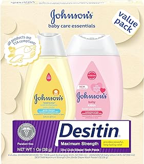 Johnson's Baby Care Essentials Gift Set, Baby Skincare Set with Body Wash & Shampoo, Body Lotion, & Zinc Oxide Diaper Rash Paste for Baby's Delicate Skin, Value Pack, Travel-Size, 3 Items