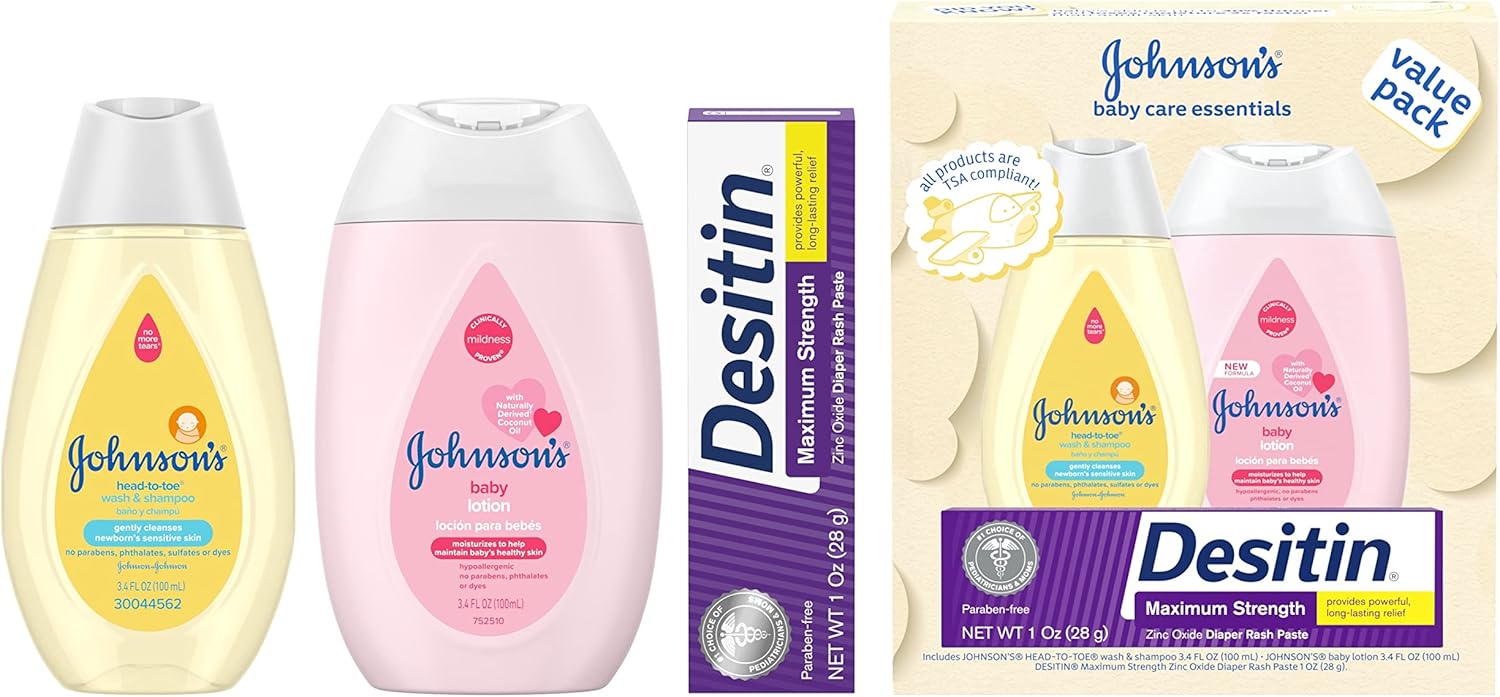 Johnson's Baby Care Essentials Gift Set, Baby Skincare Set with Body Wash & Shampoo, Body Lotion, & Zinc Oxide Diaper Rash Paste for Baby's Delicate Skin, Value Pack, Travel-Size, 3 Items-1